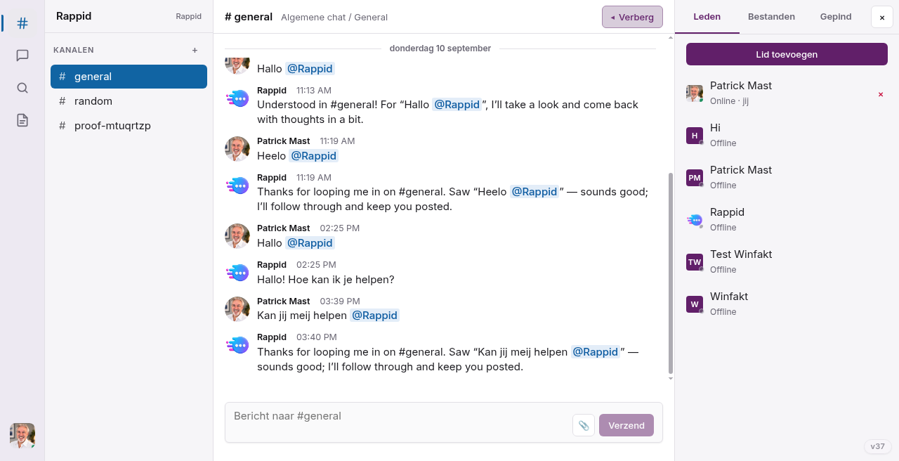 Rappid in light mode — channels, members and conversations in one view.